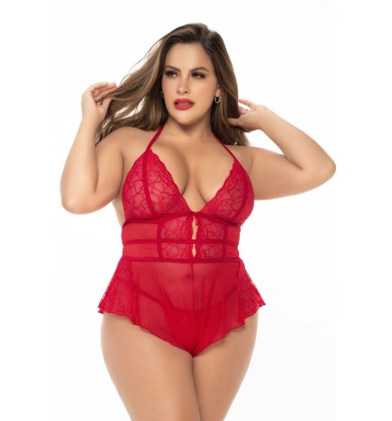 Body rouge grande taille effet babydoll et string assorti - MAL7445XRED