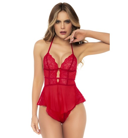 Body rouge effet babydoll et string assorti - MAL7445RED