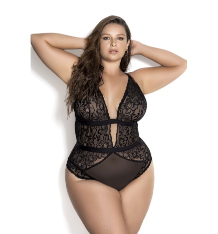 Body noir grande taille en dentelle et résille - MAL8654XBLK