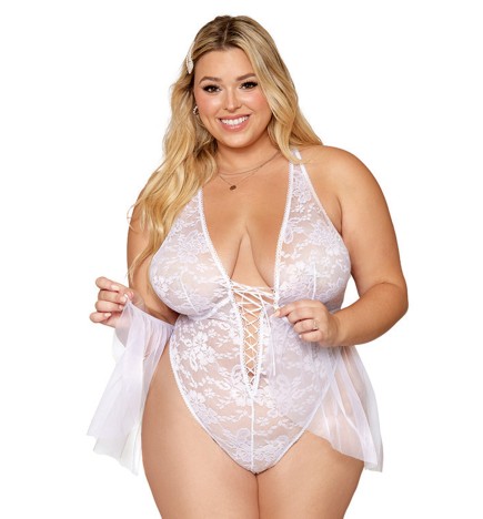 Body grande taille dentelle blanc avec tulle amovible - DG12918XWHT