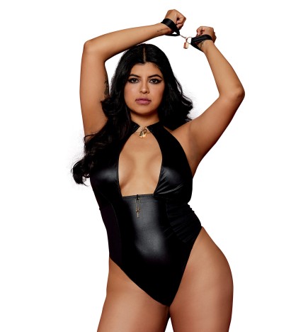 Body wetlook noir  grande taille avec menottes, cadenas bijoux et clé bijou inclus - DG12814XBLK