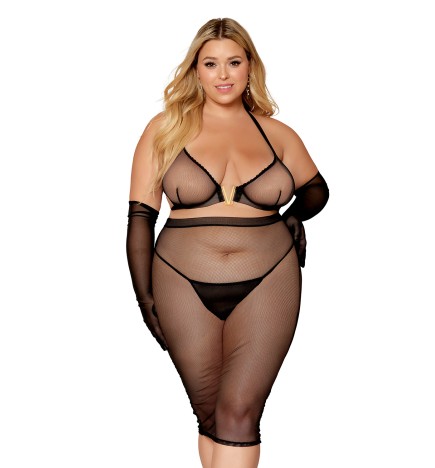 Ensemble 2 pièces grande taille, soutien gorge et jupe longue transparente noir - DG12770XBLK