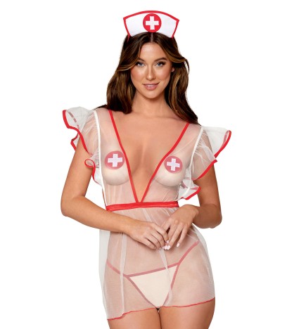 Déguisement infirmière, nuisette, nipples, coiffe et string assorti - DG12916COS