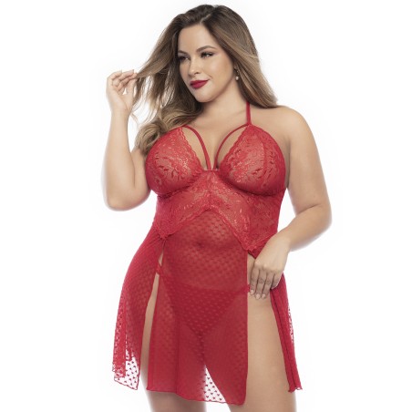 Nuisette dos nu, grande taille, en dentelle rouge et fine résille avec string - MAL7506XRED