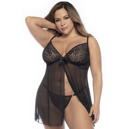 Babydoll, grande taille, en dentelle et résille noire ouvert sur le devant - MAL7501XBLK