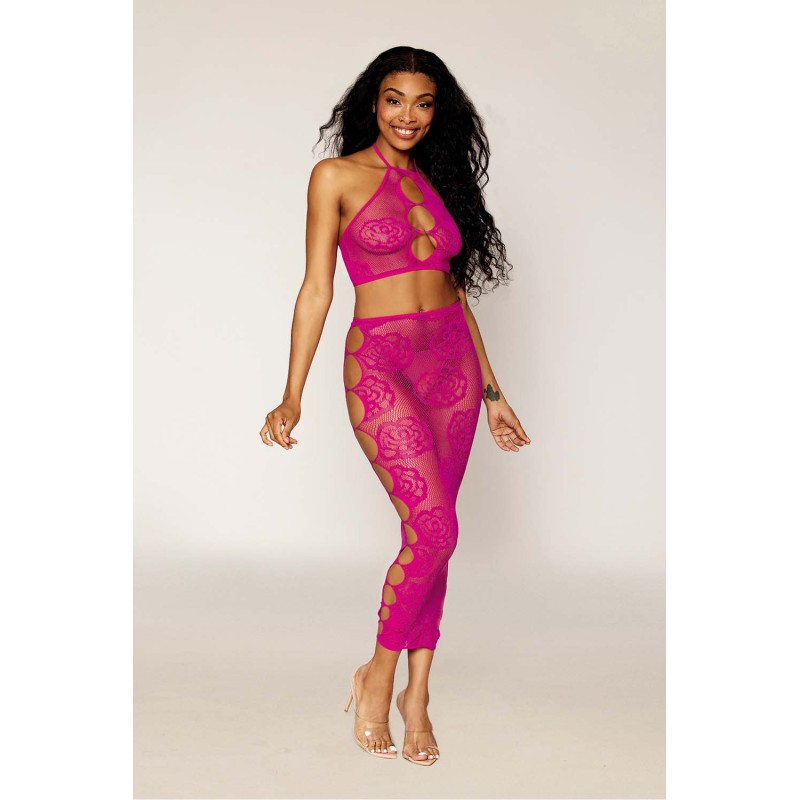 Ensemble Soutien-gorge et jupe longue en filet rose