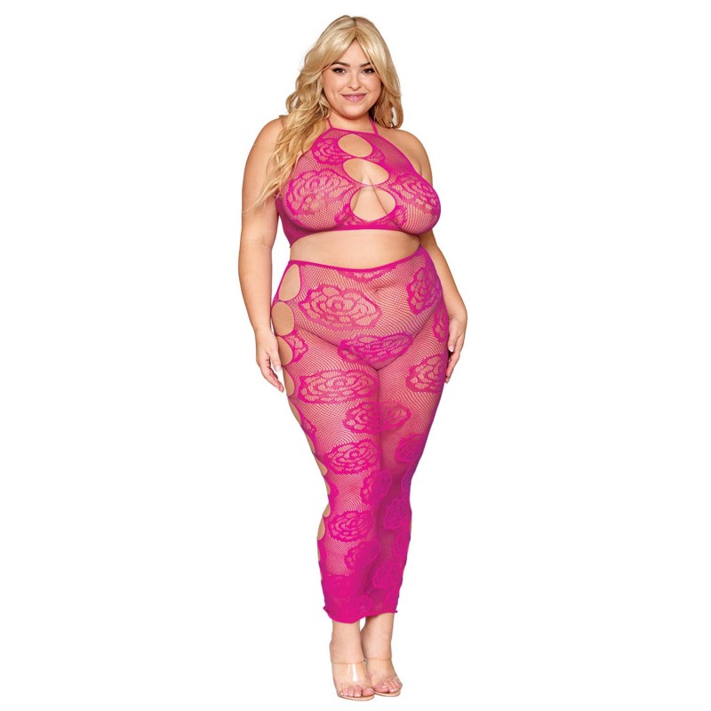 Ensemble Soutien-gorge et jupe longue en filet rose