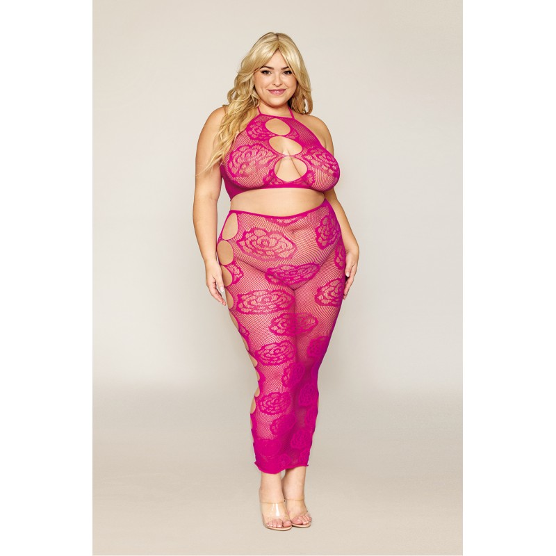 Ensemble Soutien-gorge et jupe longue en filet rose