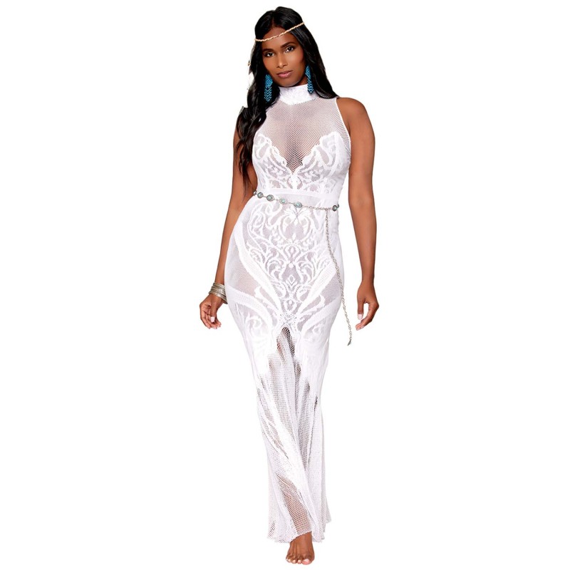 Robe bodystocking en résille et dentelle blanche