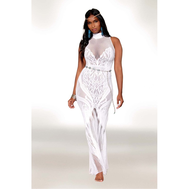 Robe bodystocking en résille et dentelle blanche