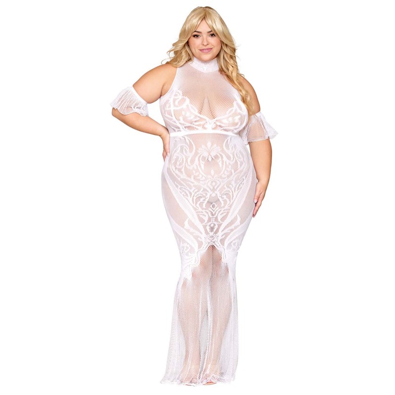 Robe bodystocking, grande taille, en résille t dentelle blanche