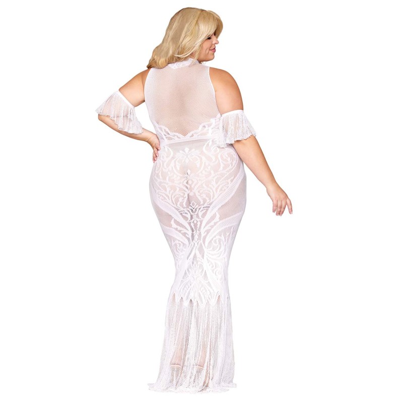 Robe bodystocking, grande taille, en résille t dentelle blanche