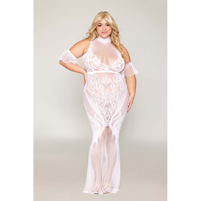 Robe bodystocking, grande taille, en résille t dentelle blanche