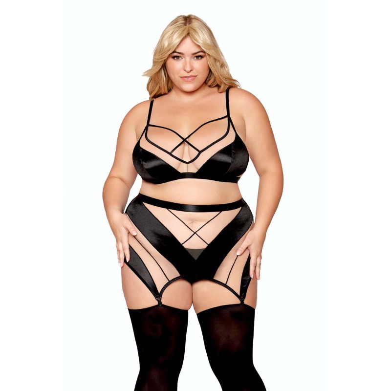 Ensemble grande taille avec Soutien-gorge, jupe porte-jarretelles, string