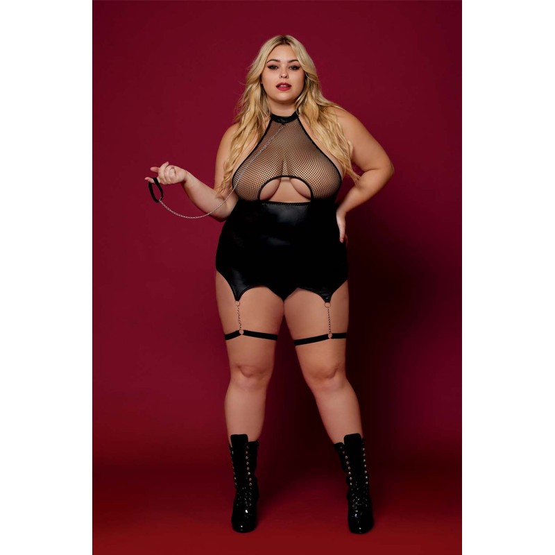 Body BDSM noir, grande taille, en maille avec corset / porte-jarretelles, simili cuir, intégré - DG13295XBLK