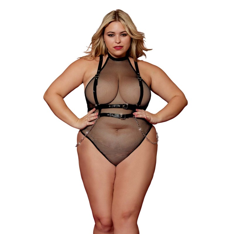 Body en résille, grande taille, avec Harnais simili cuir et chaines - DG13291XBLK