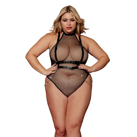 Body en résille, grande taille, avec Harnais simili cuir et chaines - DG13291XBLK