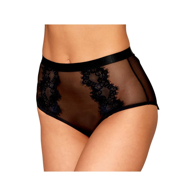 Culotte en résille et dentelle noire avec jarretelles roses - DG1485BLK