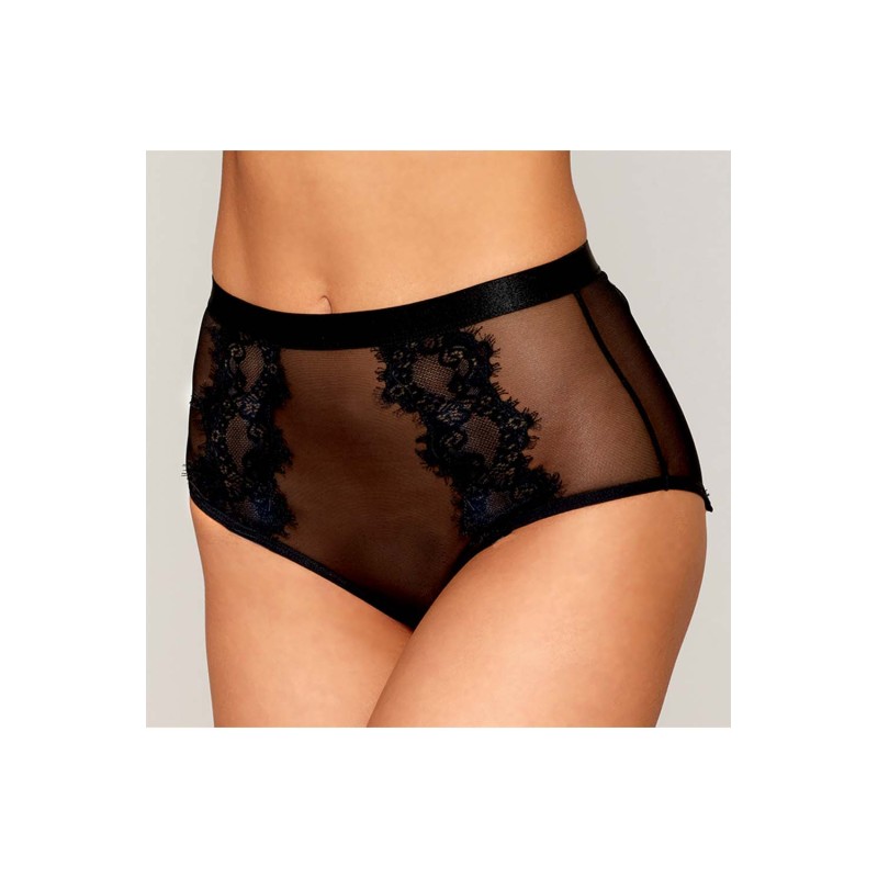 Culotte en résille et dentelle noire avec jarretelles roses - DG1485BLK