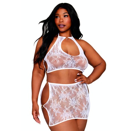 Ensemble 2 pièces grande taille top et jupe en résille fantaisie blanche - DG13309WHT