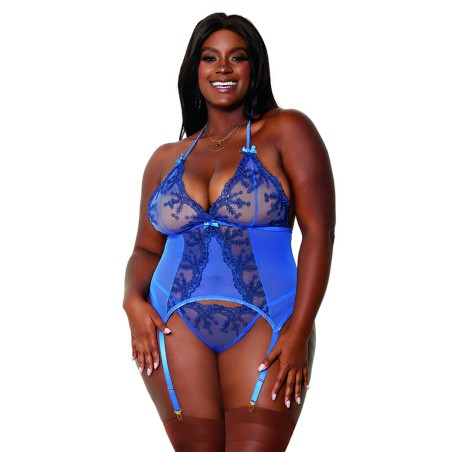 Ensemble 2 pièces grande taille bleu bustier porte jarretelles et string - DG12957XPER