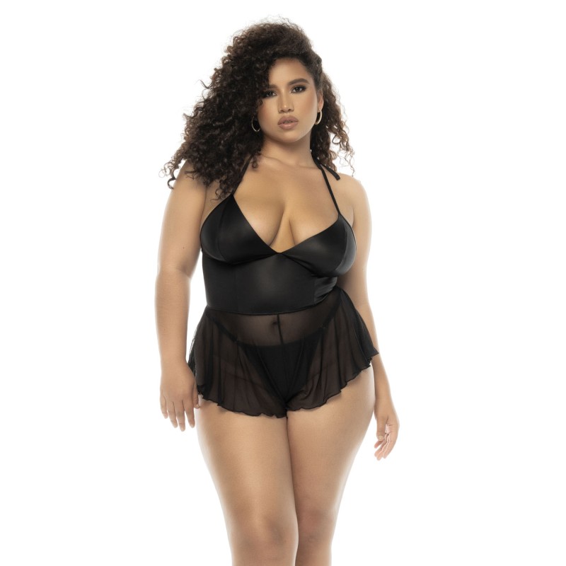 Body effet babydoll Pearl grande taille en wetlook noir et résille, bretelles réglables, zip fonctionnel au dos - MAL7547XWBLK