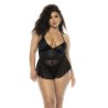 Body effet babydoll Pearl grande taille en wetlook noir et résille, bretelles réglables, zip fonctionnel au dos - MAL7547XWBLK