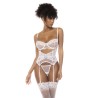 Bustier Chloe en dentelle et résille, avec armatures, porte jarretelles réglables et string assorti - MAL8839WHT