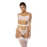 Ensemble 3 pièces blanc Emmie, soutien gorge, porte jarretelles avec fausse fourrure et string assorti - MAL8841WHT