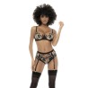 Ensemble 3 pièces noir et chair Kyra, avec dentelle brodée, soutien gorge à armatures, porte jarretelle et culotte - MAL8845NUBK