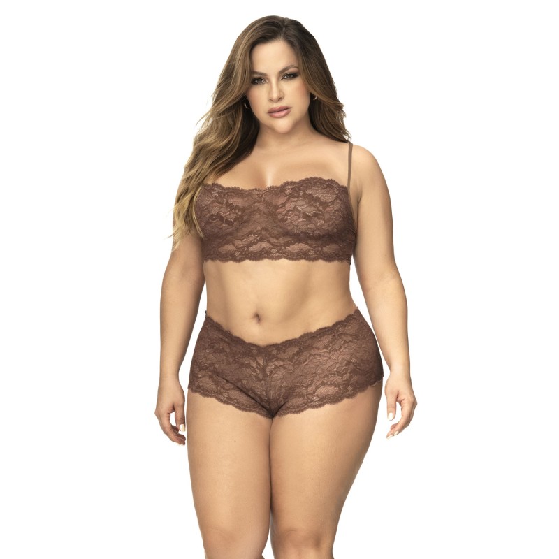 Ensemble 2 pièces en dentelle grande taille, top à bretelles et shorty couleur cacao - MAL206XCOCO