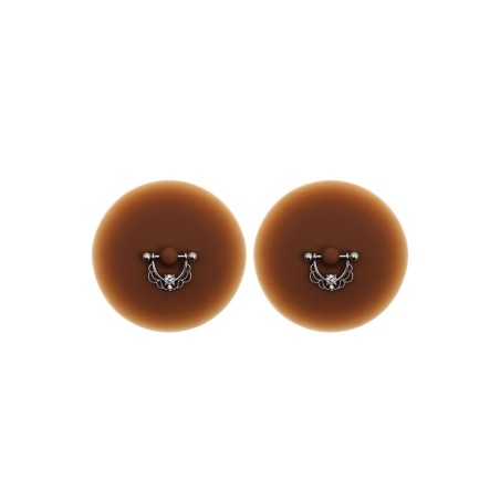 Paire de cache-tétons piercing barre demi-anneau faux diamant peau foncée - XP008F