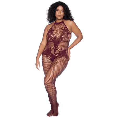 Combinaison grande taille en résille couleur cerise - MAL1116XCHRY
