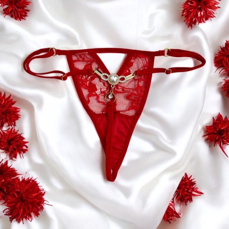 String rouge avec bijou perle & strass dorés - PA06MRED
