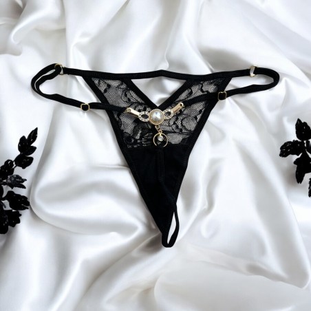 String noir avec bijou perle & strass dorés - PA06MBLK