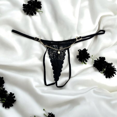 String noir en dentelle avec bijou et chaîne dorée - PM06G-BBLK