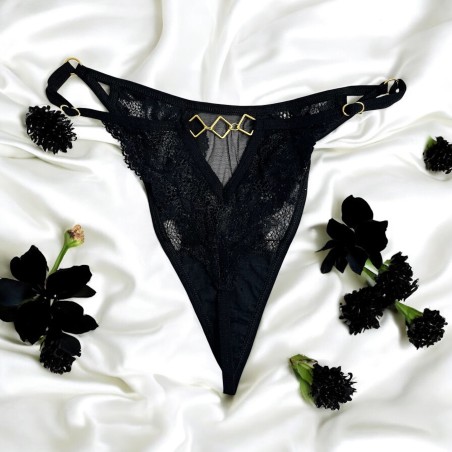 Tanga noir en dentelle avec bijou losanges dorés - PM01GBLK