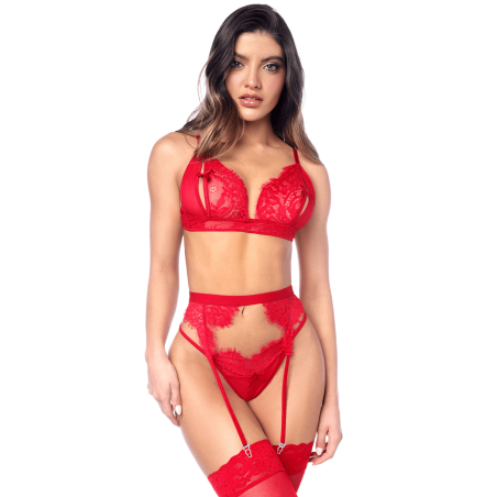 Ensemble sexy 3 pièces peek-a-boo avec porte-jarretelles en dentelle Mapalé - MAL8970RED