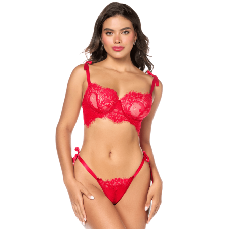 Ensemble sexy 2 pièces en dentelle avec bretelles et string à nouer Mapalé - MAL8968RED