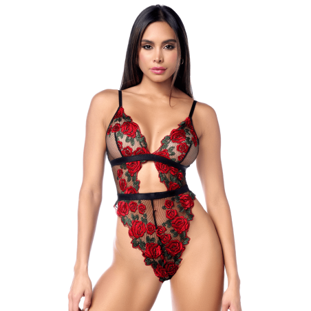 Teddy sexy taille haute en résille transparente avec broderie de roses Mapalé - MAL8961BKRD