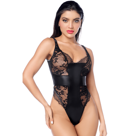 Body sexy en dentelle transparente et similicuir contrasté Mapalé - MAL2805BLK