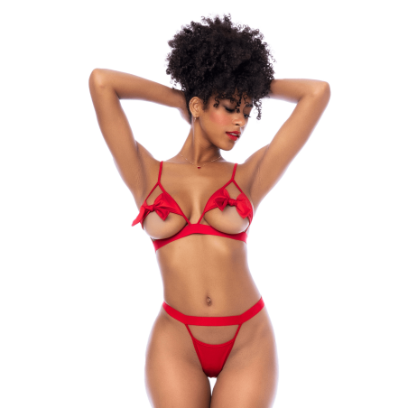 Ensemble sexy 2 pièces avec bonnets ouverts et détails nœuds Mapalé - MAL8901RED