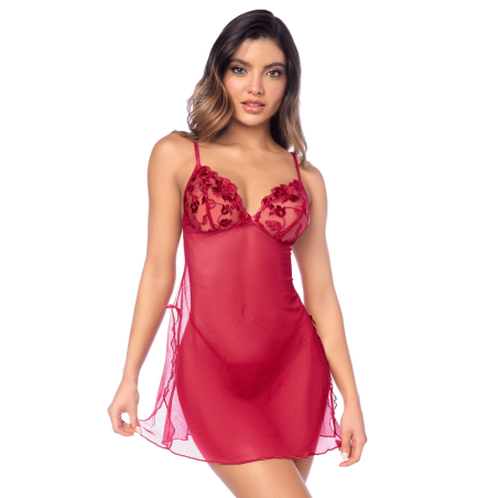 Babydoll sexy en résille transparente avec broderies et string Mapalé - MAL7620RED