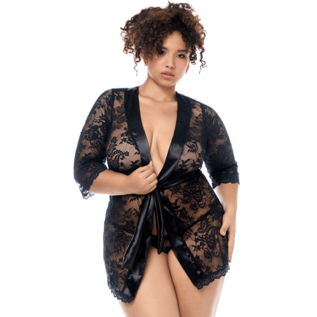 Peignoir sexy grande taille en dentelle avec bordures satin et string assorti Mapalé - MAL7618XBLK