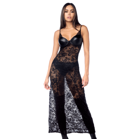Robe longue sexy en dentelle avec bonnets effet cuir, string et porte-jarretelles Mapalé - MAL7616BLK