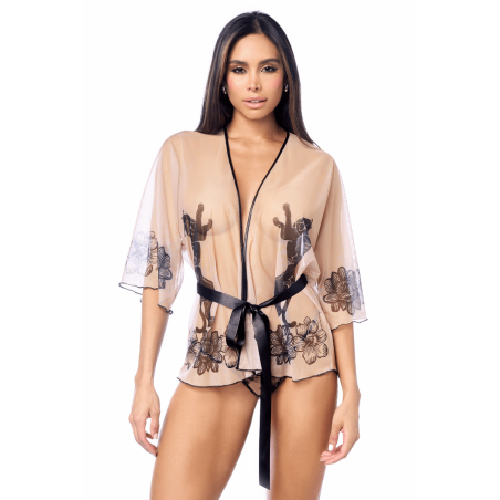 Peignoir sexy en résille imprimée transparente avec string assorti Mapalé - MAL7615NUBK