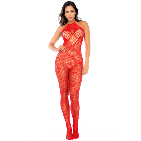 Bodystocking en résille rouge à motif cœur, orné de strass, ouvert à l’entrejambe - Mapalé