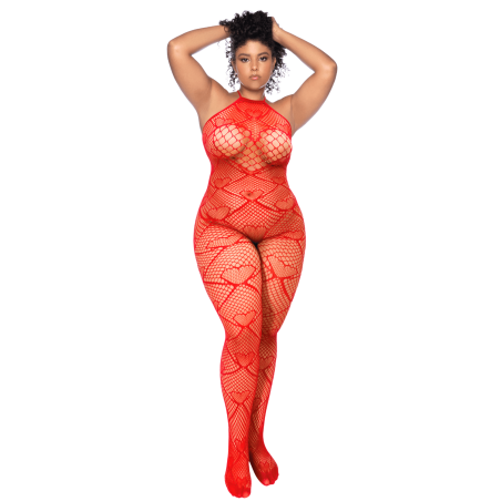 Bodystocking grande taille en résille rouge à motif cœur, orné de strass, ouvert à l’entrejambe - Mapalé