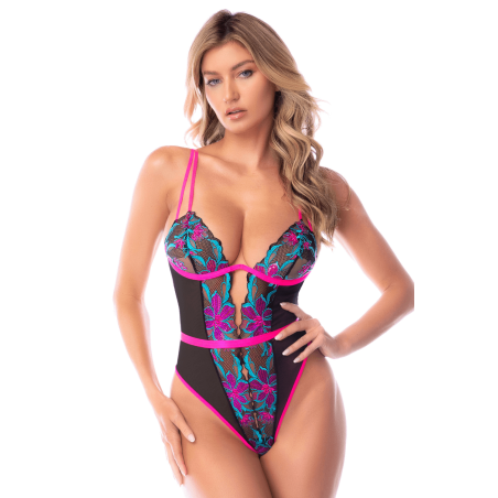 Body bleu et rose en maille transparente brodée avec sequins – Mapalé