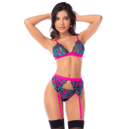 Ensemble lingerie 3 pièces bleu et rose brodé avec sequins – Mapalé